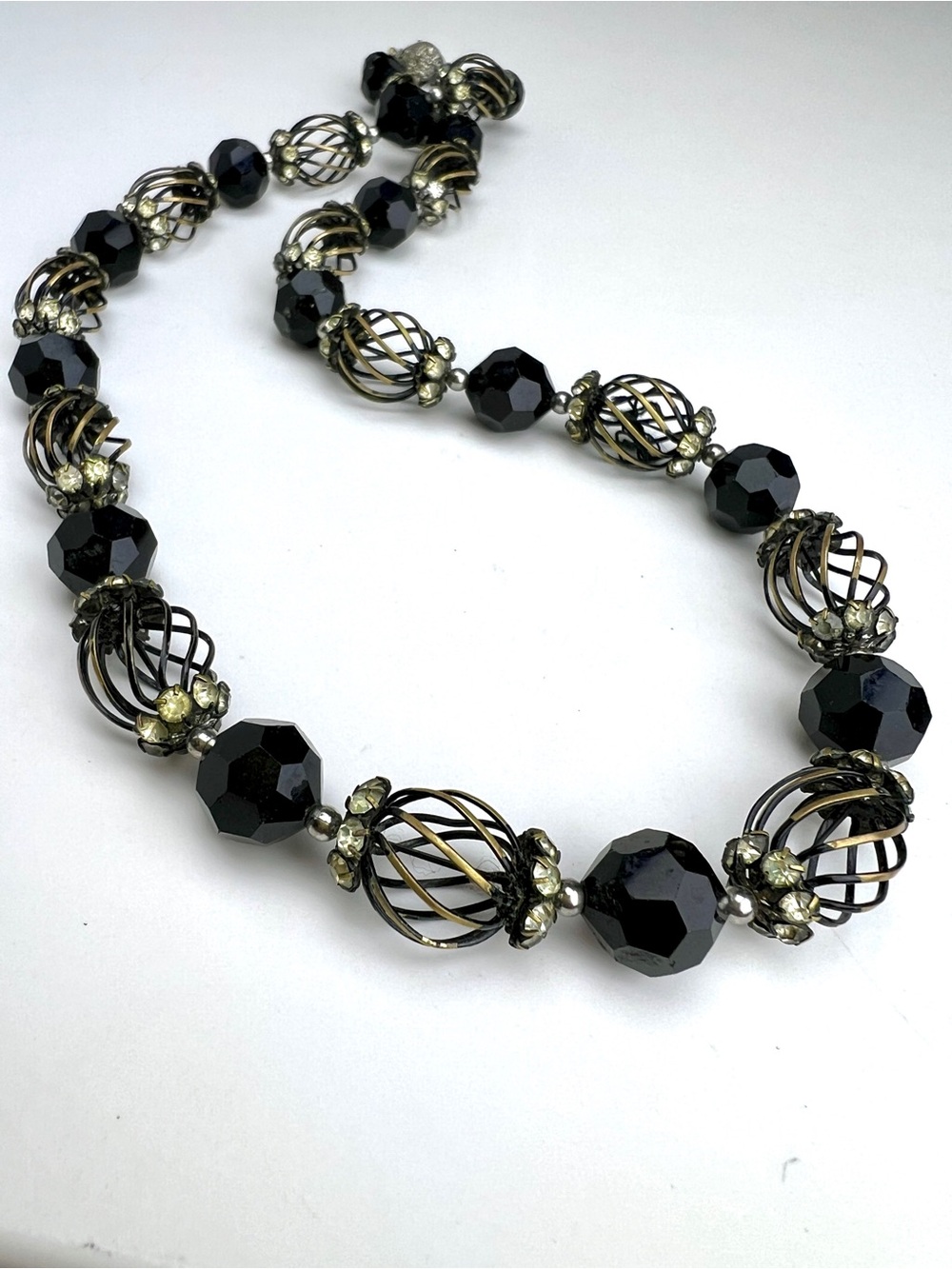 Vendome 22” Black Faceted Glass Cage Bead Rhinestone Necklace, Vintage Signed